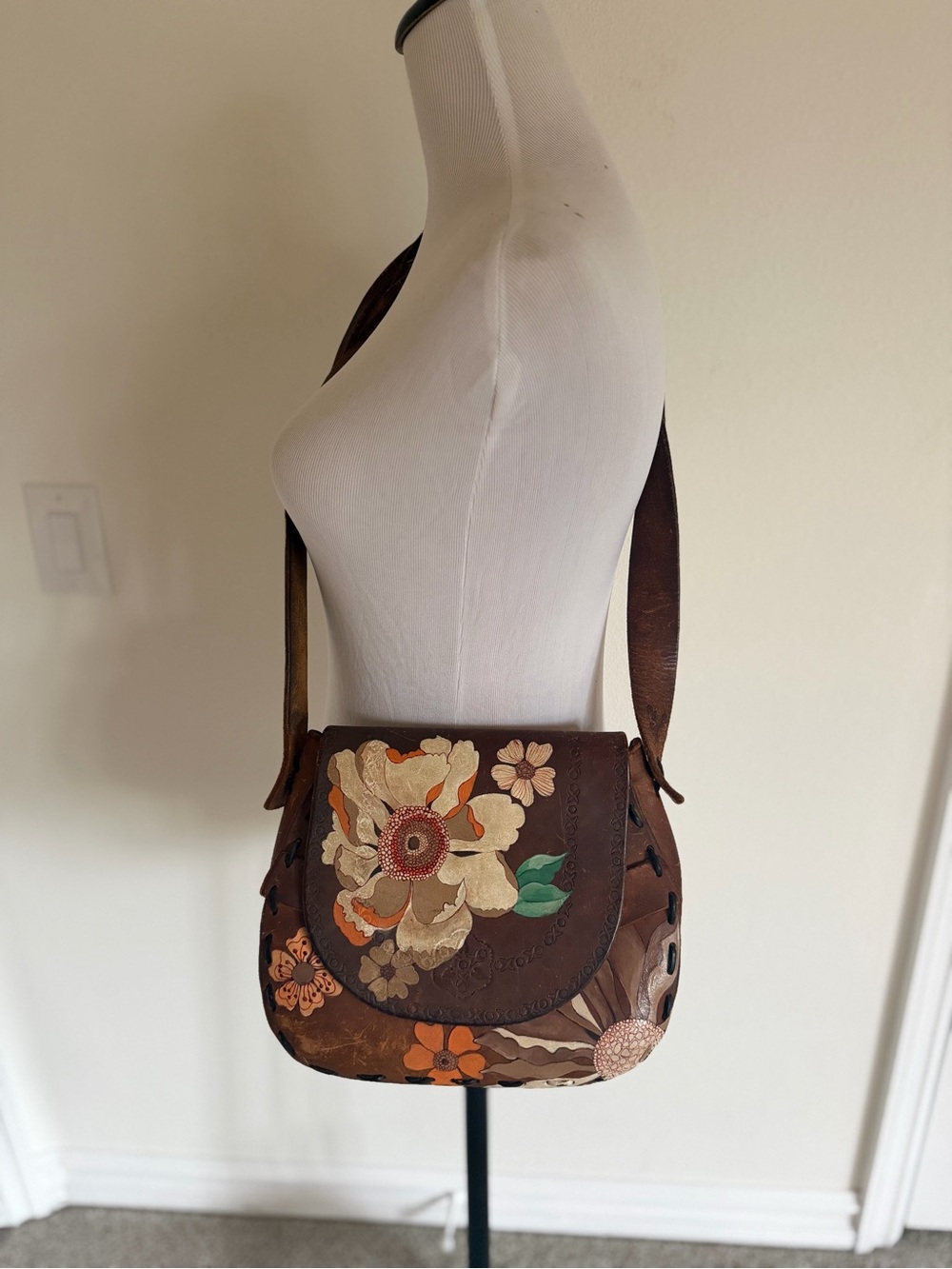 Hand painted Vintage Brown Floral Leather Crossbody Bag